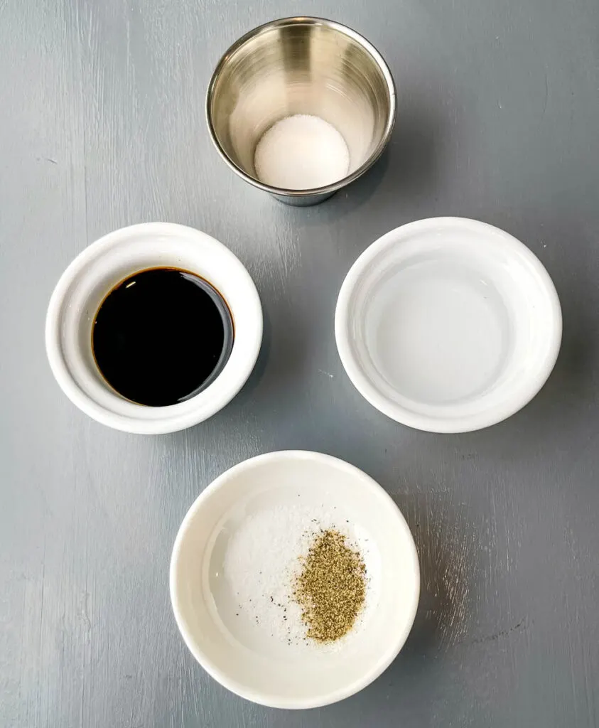 soy sauce, rice vinegar, sweetener, and salt and pepper in separate bowls