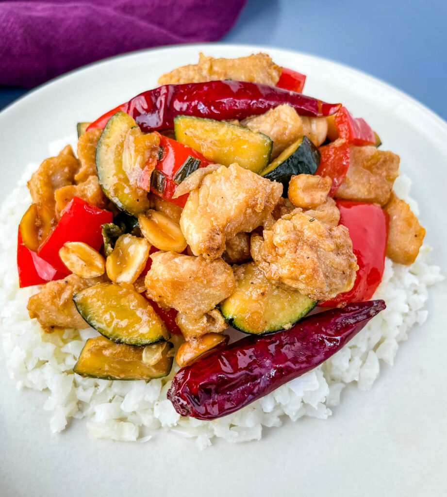 Panda Express copycat kung pao chicken on a white plate