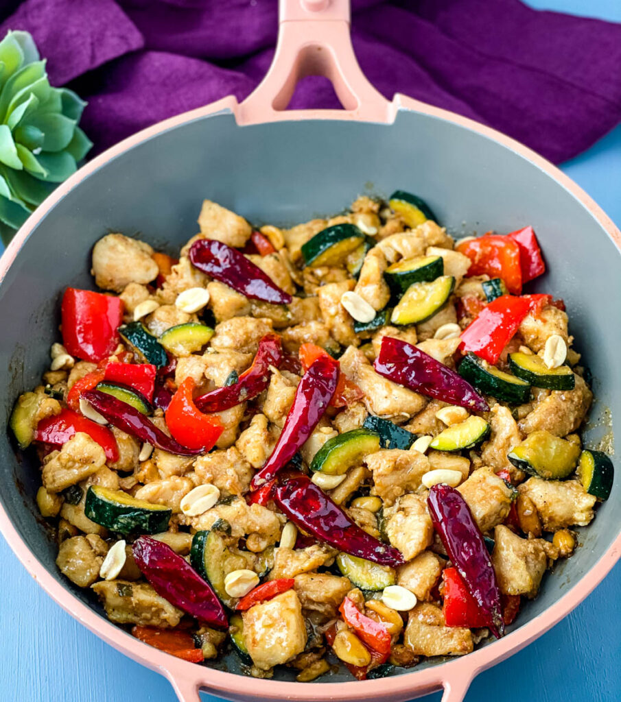 Panda Express copycat kung pao chicken on a skillet pan