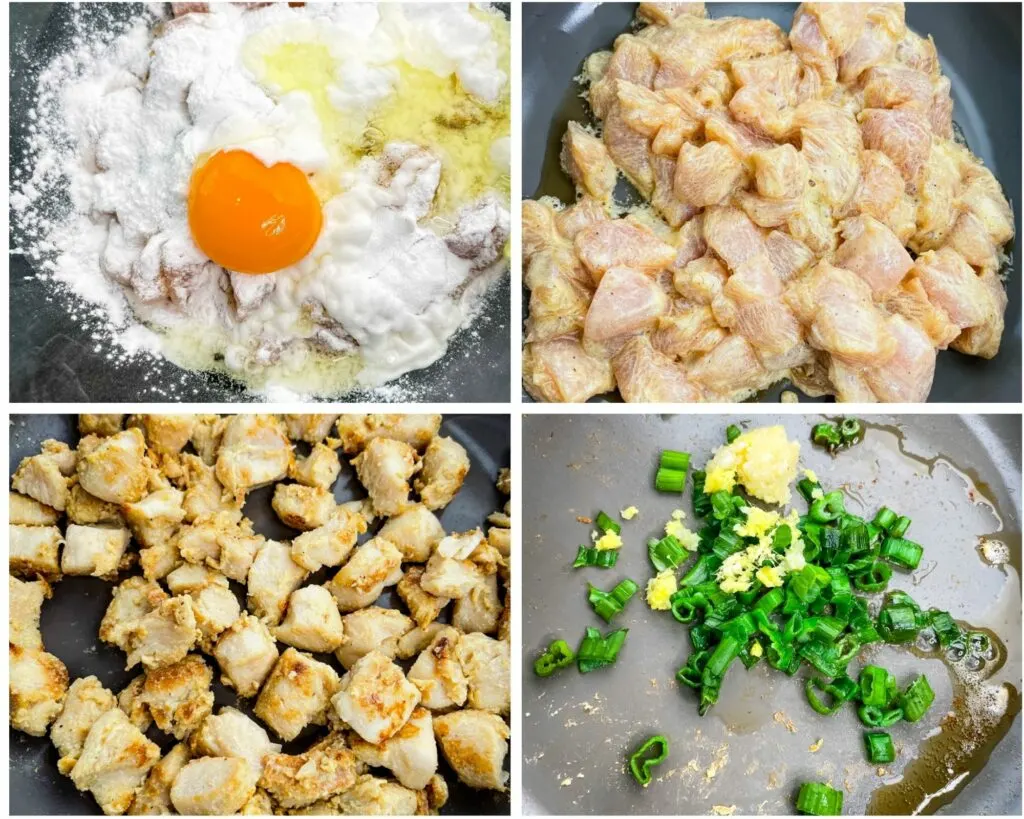 collage photo showing how to make fried chicken in a skillet with eggs and baking powder