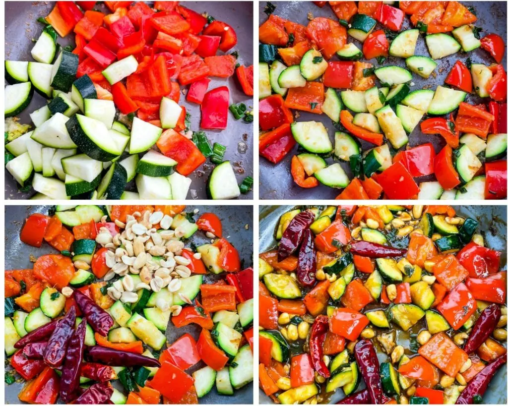 collage photo of 4 photos displaying red peppers and zucchini sauted in a pan