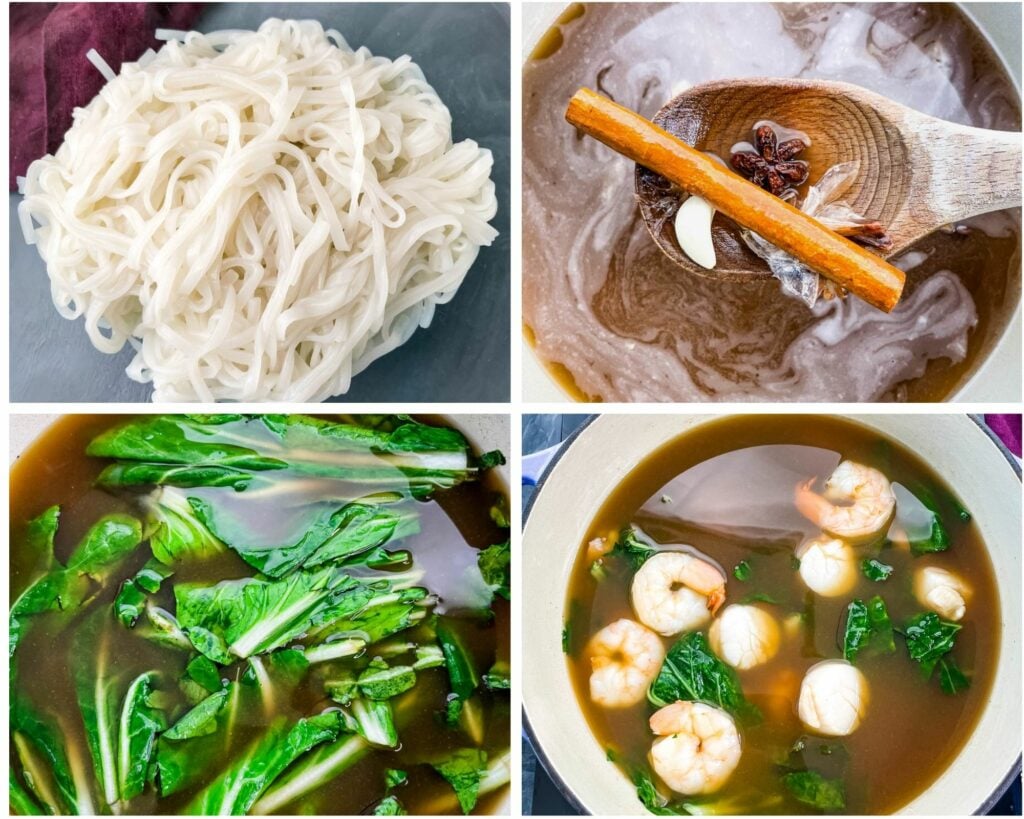 collage photo of seafood shrimp pho cooked in a Dutch oven