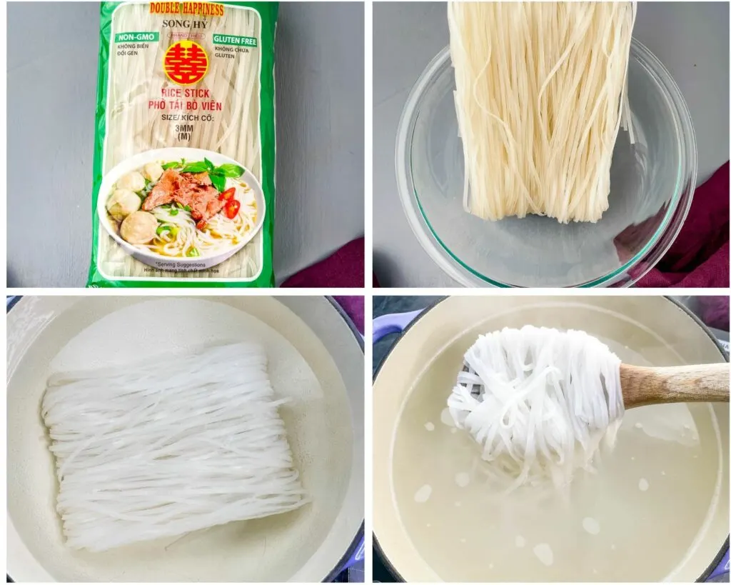 pho rice noodles in packaging and cooked in a pot with water
