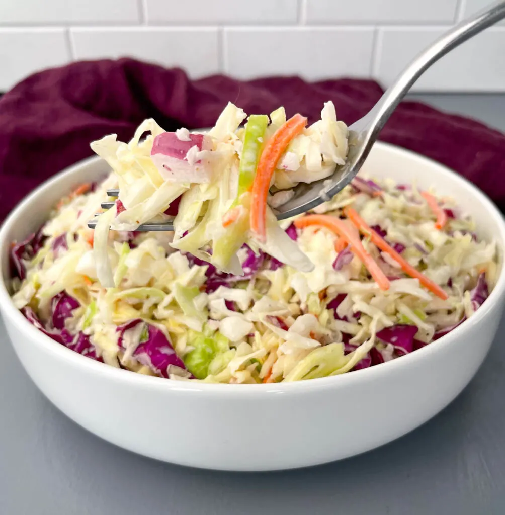 a fork full of southern coleslaw