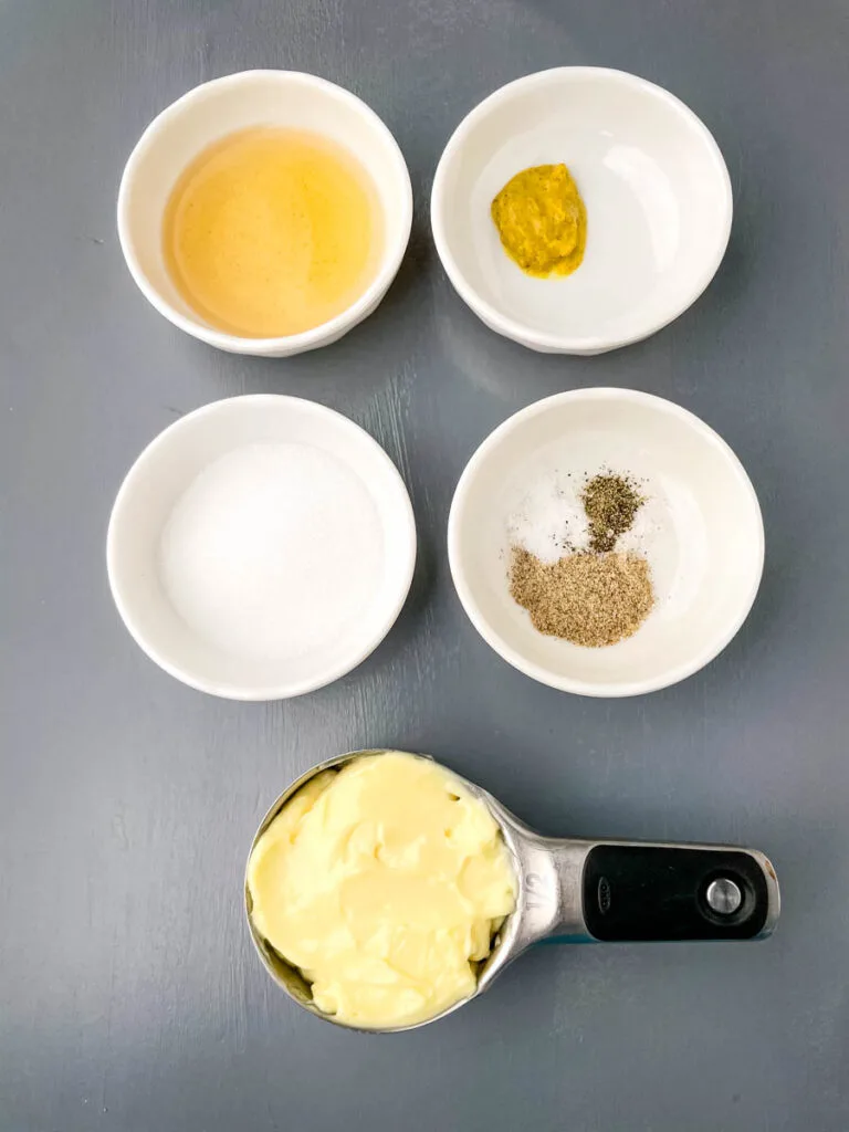 apple cider vinegar, mustard, sweetener, celery salt, salt, pepper, and mayo in separate bowls