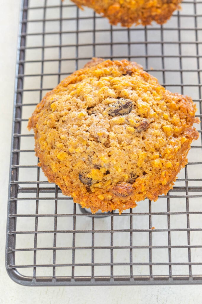 baked sugar free oatmeal raisin cookies on a cooling rack