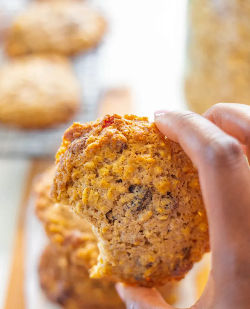 person holding sugar free oatmeal raisin cookie