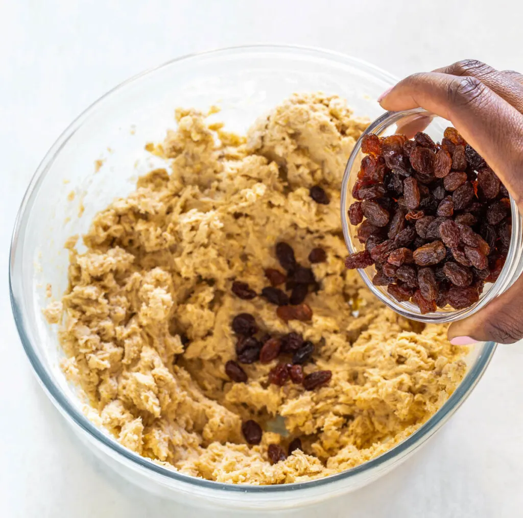 bowl of sugar free oatmeal raisin cookie dough