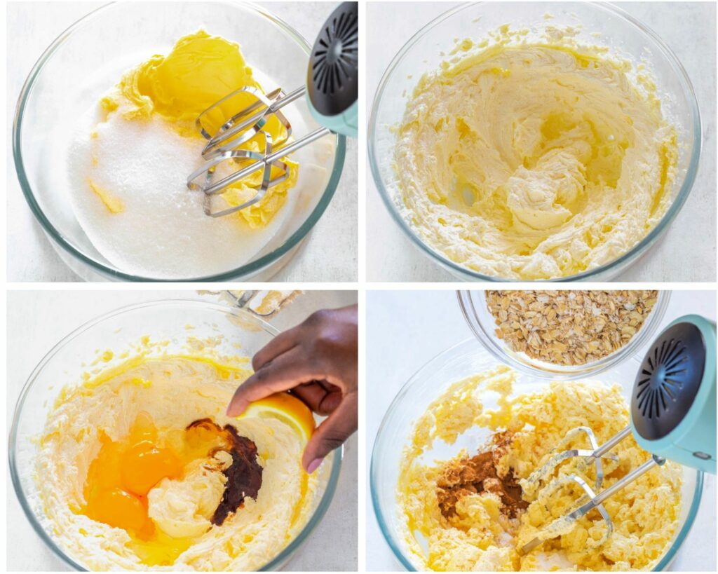 collage photo of 4 photos showing how to cream butter and sweetener and add eat and mix with a mixer