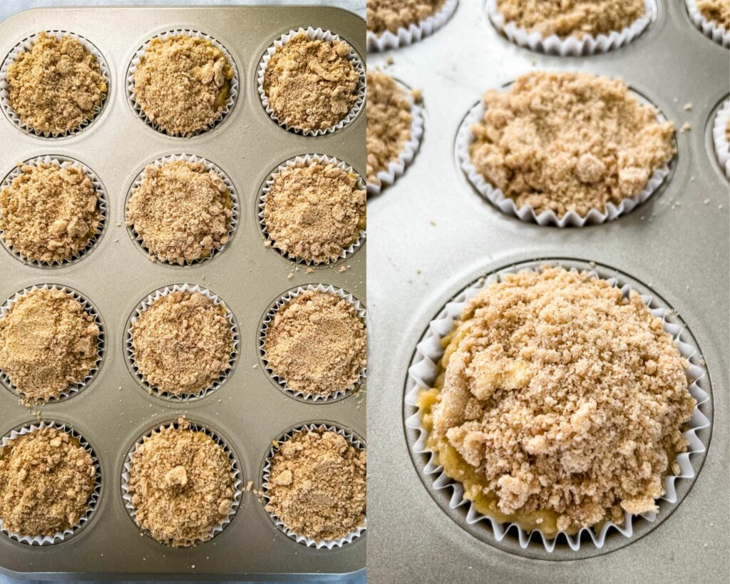 unbaked coffee cake muffins in a muffin tin