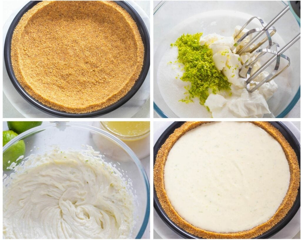 collage photo of 4 photos with keto pie crust and key lime pie filling