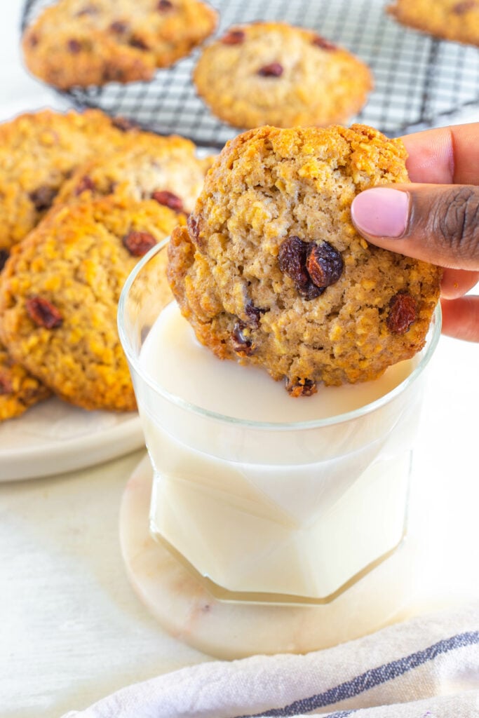 person dipping sugar free oatmeal raisin cookie in milk