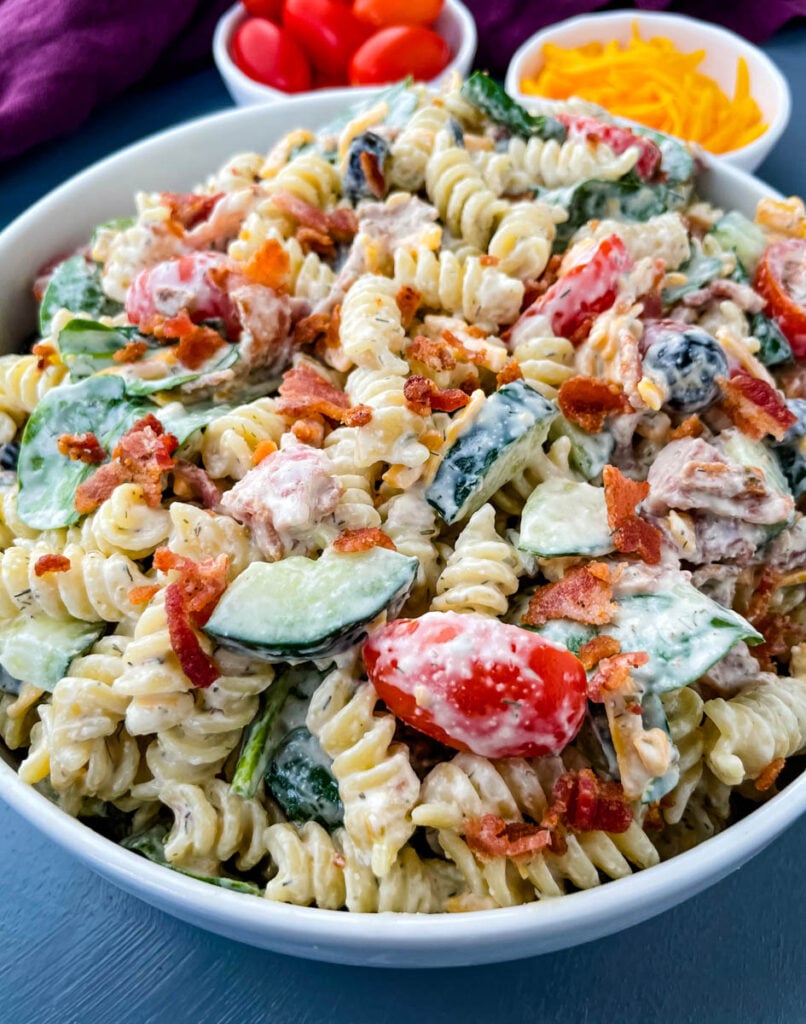 bacon ranch pasta salad in a white bowl