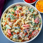 bacon ranch pasta salad in a white bowl