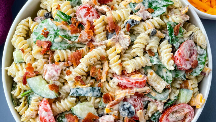 bacon ranch pasta salad in a white bowl