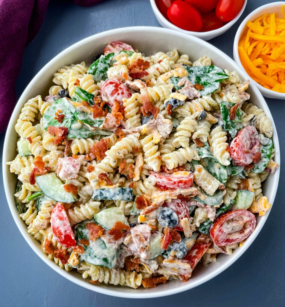bacon ranch pasta salad in a white bowl