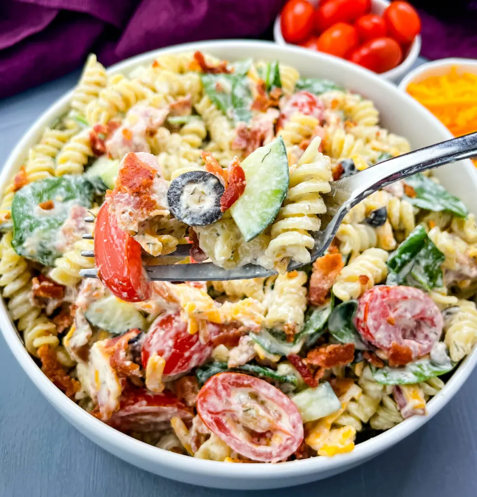 a forkful on bacon ranch pasta salad