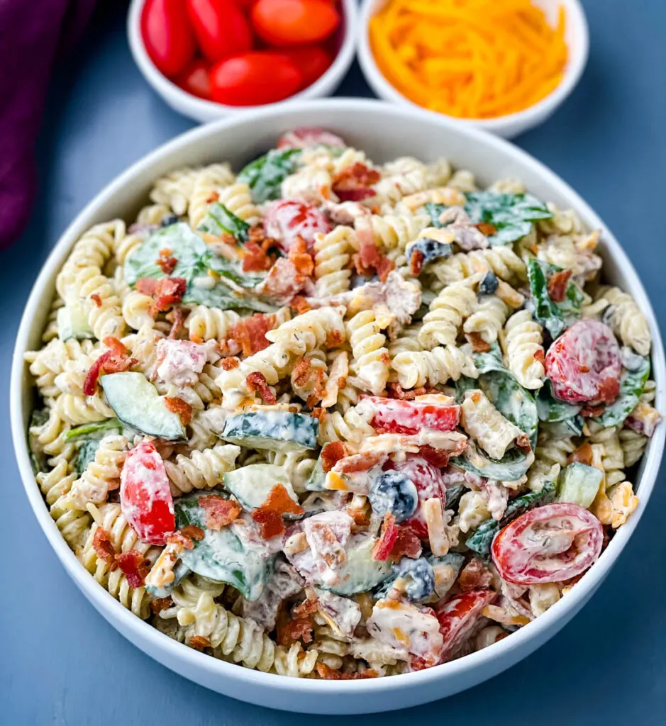 bacon ranch pasta salad in a white bowl