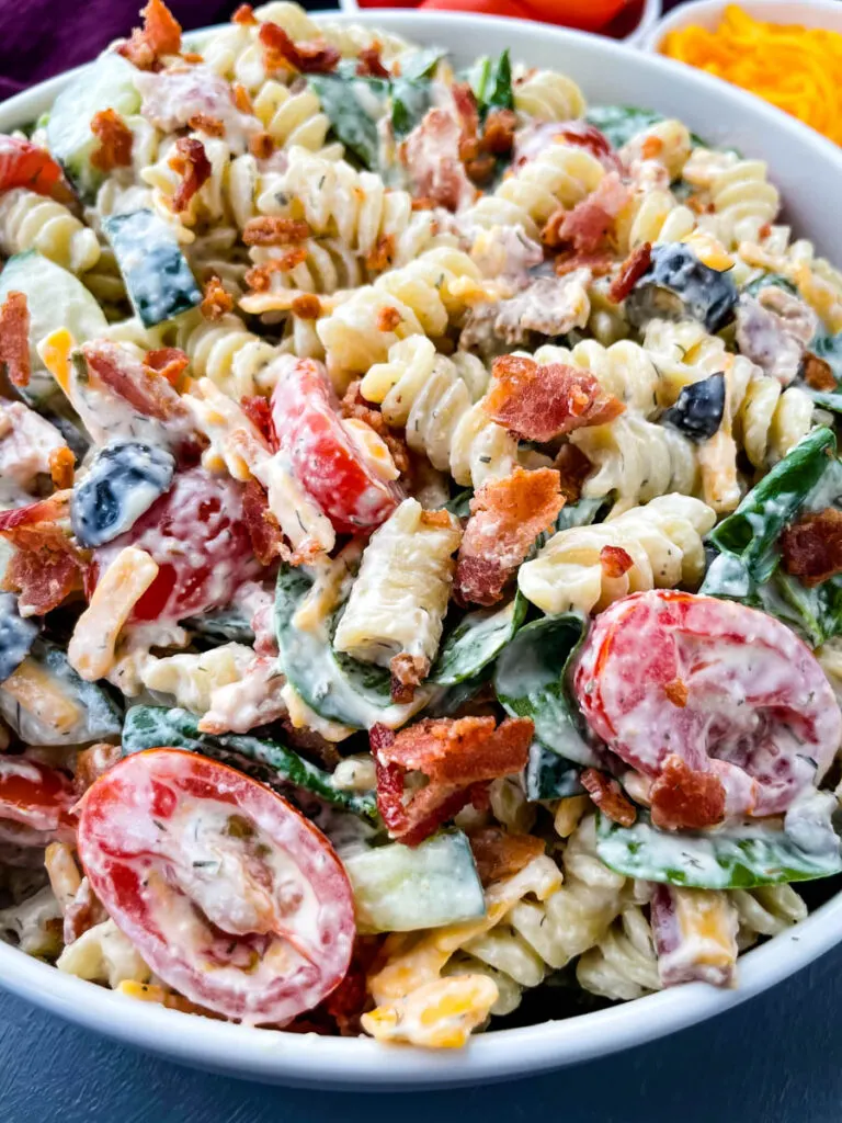 bacon ranch pasta salad in a white bowl