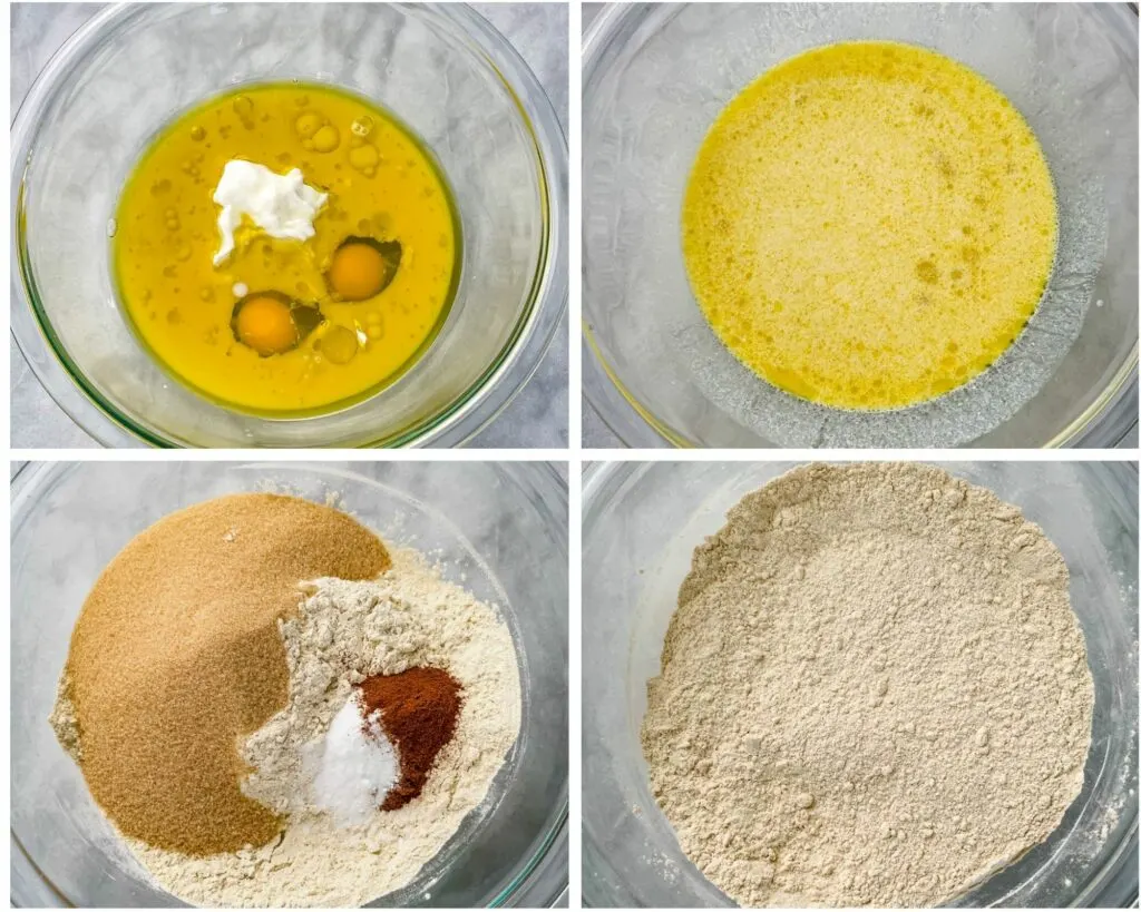 collage of 4 photos showing eggs, Greek yogurt, oil and flour in a glass bowl