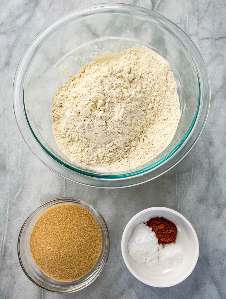 flour, brown sugar, cinnamon, baking soda, and salt in separate bowls