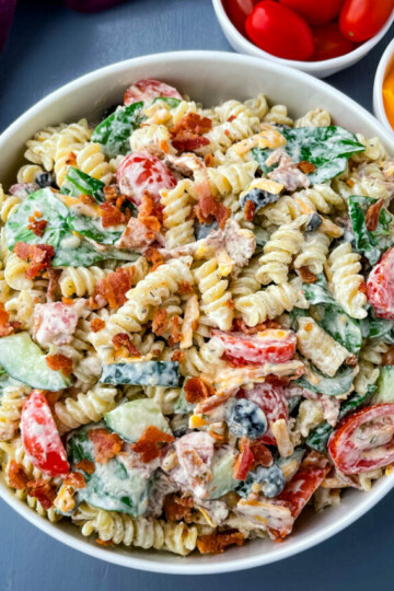 bacon ranch pasta salad in a white bowl