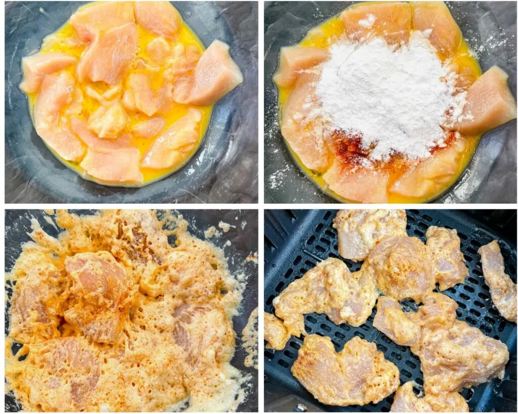 collage photo showing 4 photos of seasoning chicken and then added to an air fryer