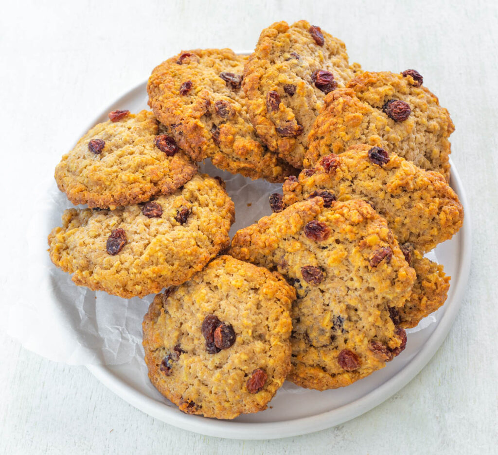 healthy sugar free oatmeal raisin cookie on a white plate
