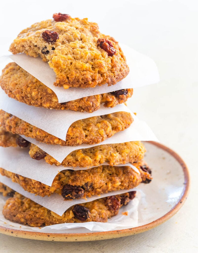 a stack of healthy sugar free oatmeal raisin cookie on a white plate