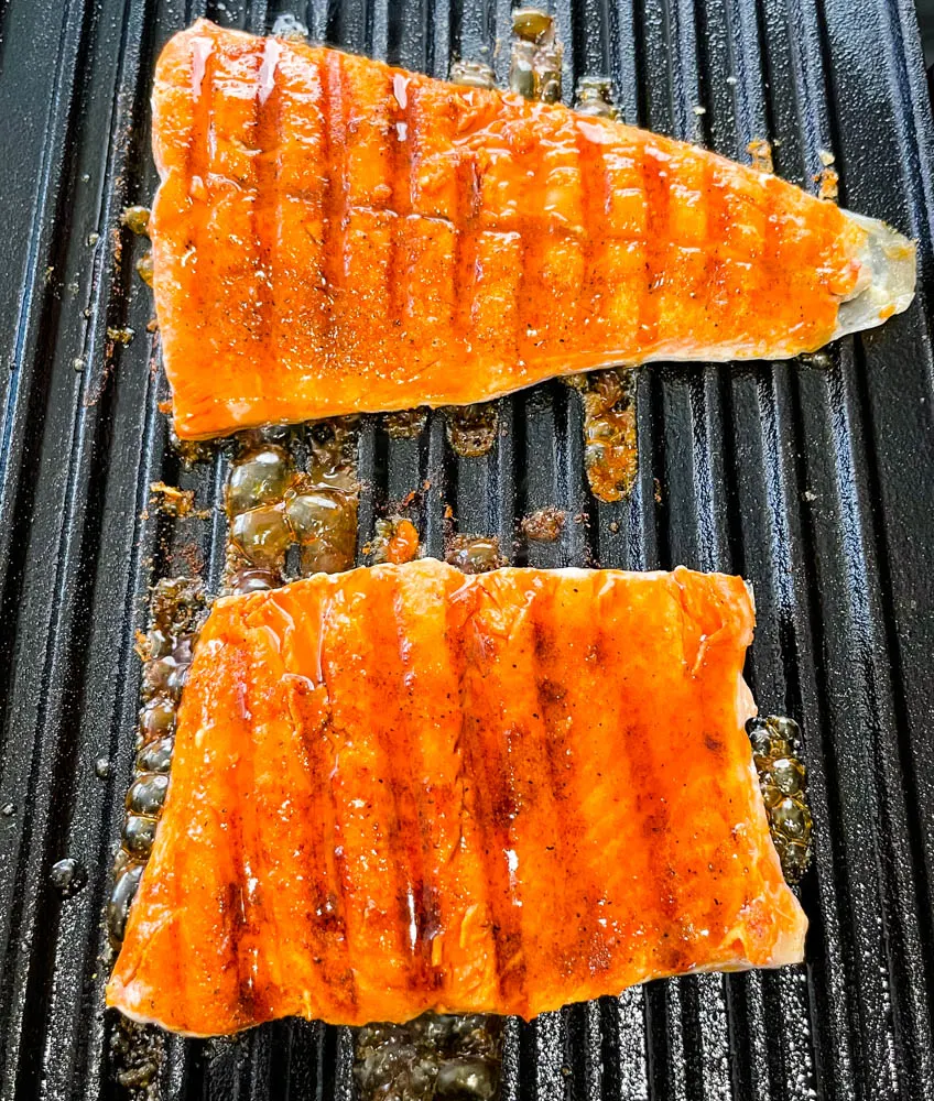 maple glazed salmon cooked in a grill pan