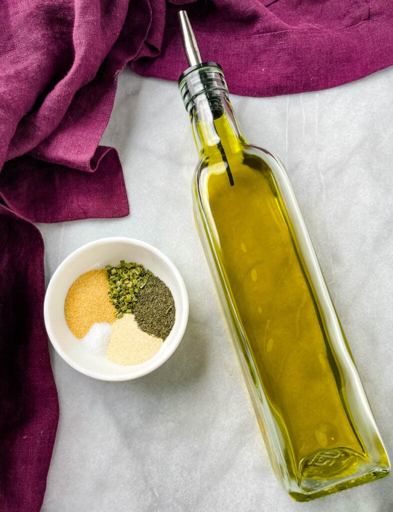 homemade ranch seasoning and a bottle of olive oil