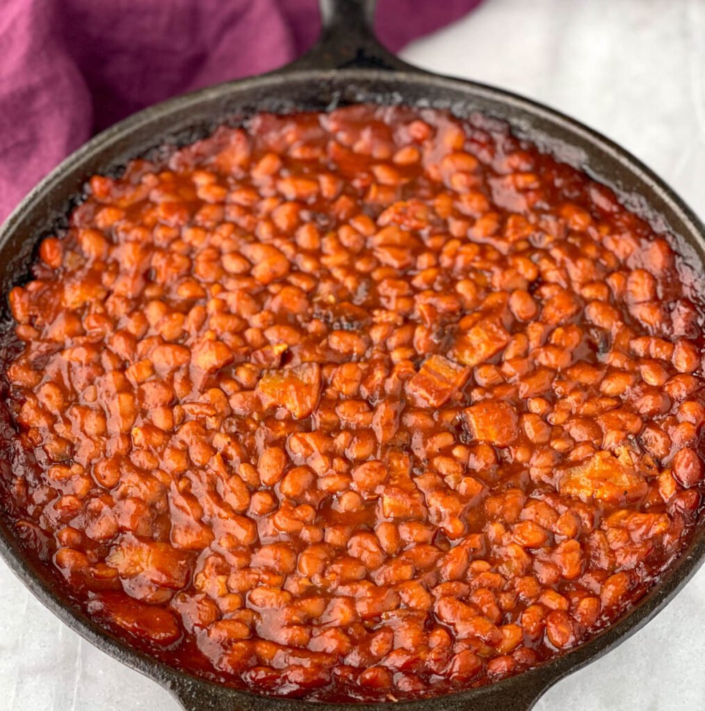 Southern baked beans in a cast iron skillet