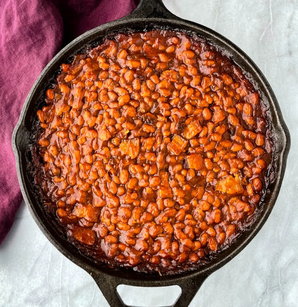 Southern baked beans in a cast iron skillet
