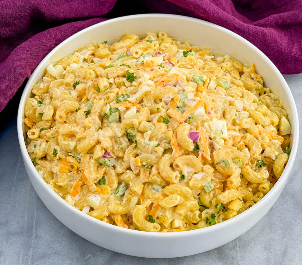 Southern macaroni salad in a white bowl