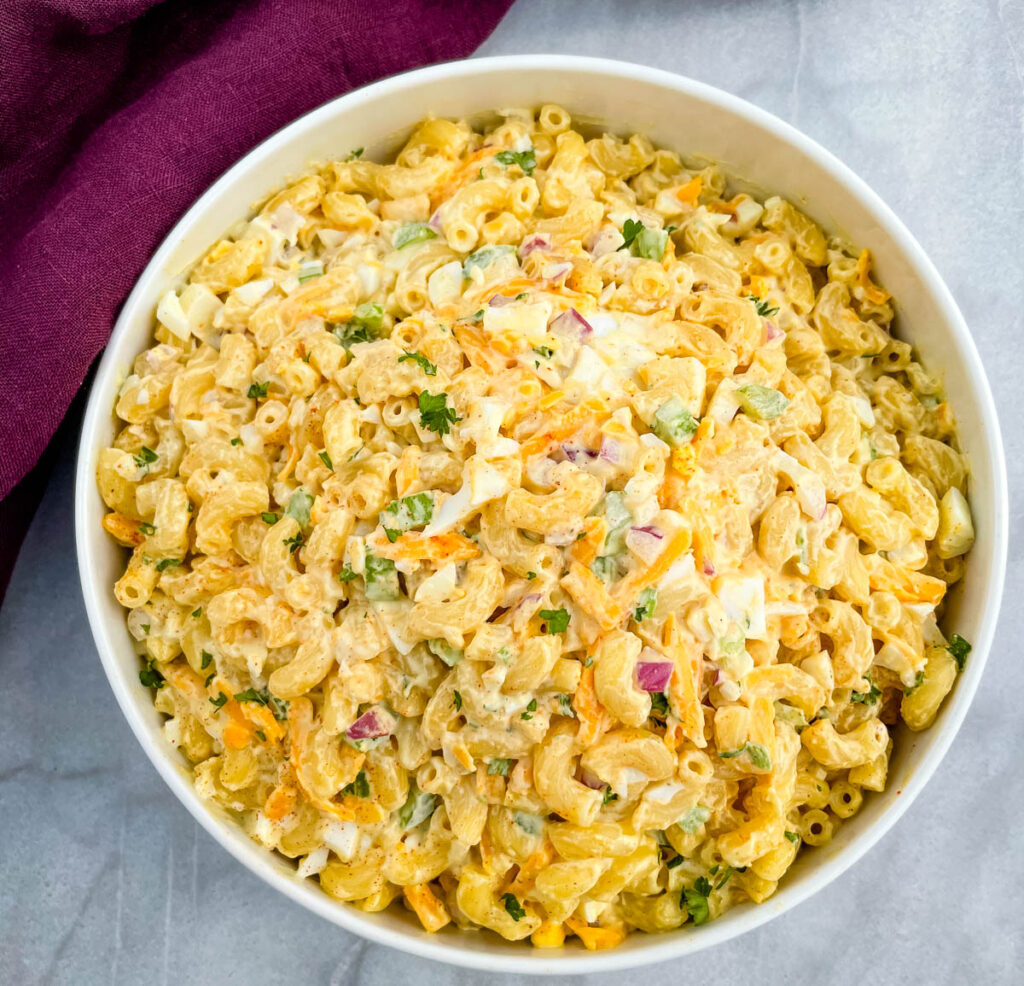 Southern macaroni salad in a white bowl