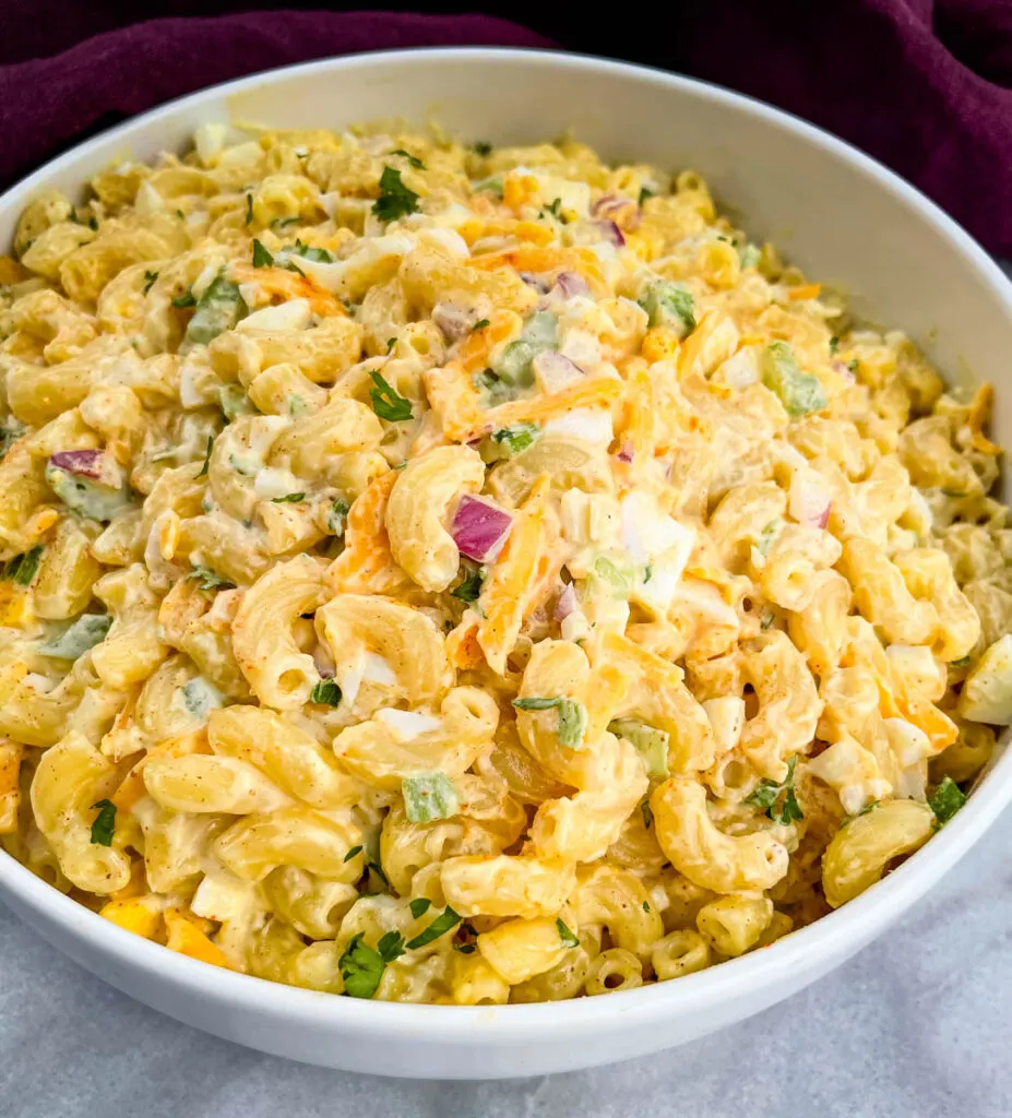 Southern macaroni salad in a white bowl