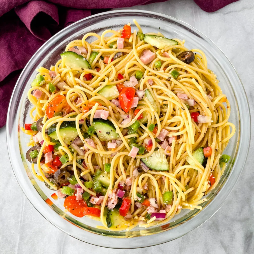 spaghetti salad in a glass bowl