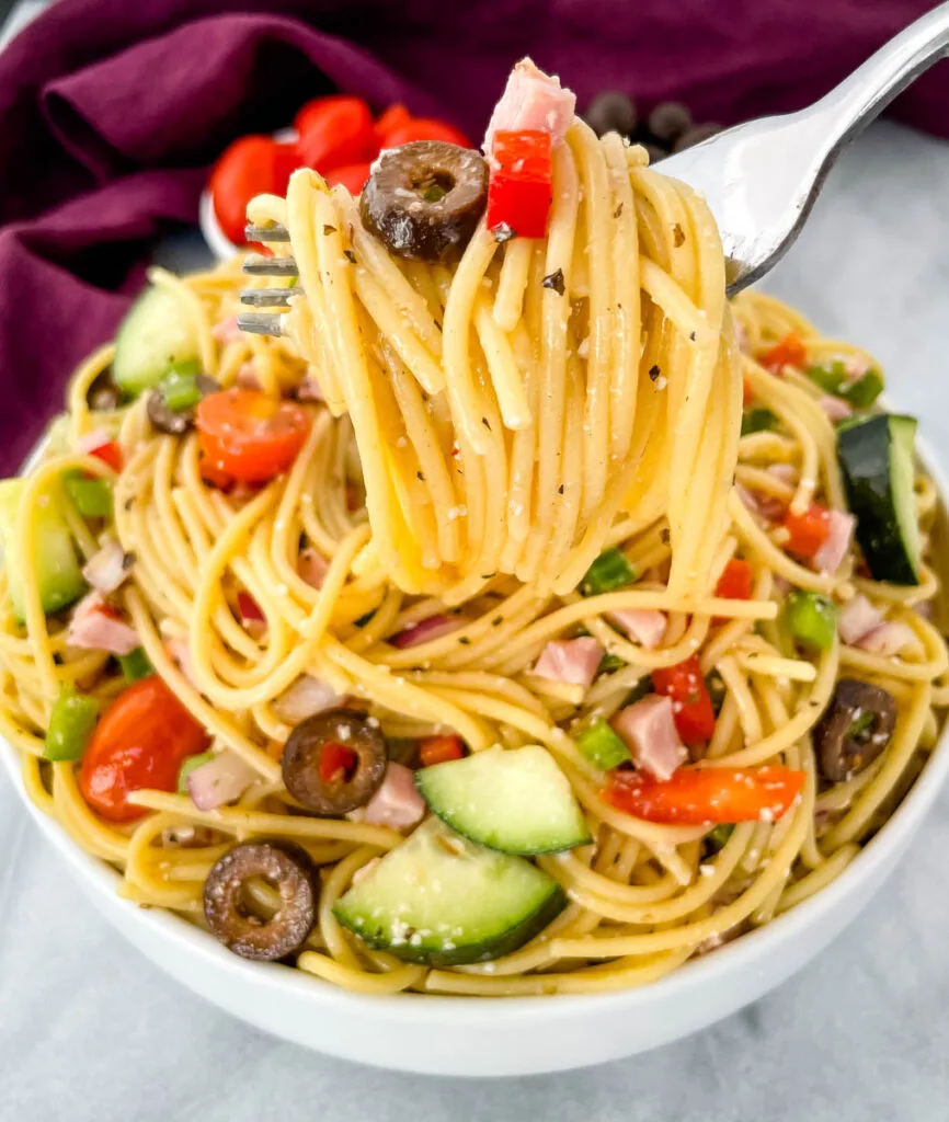 a forkful of spaghetti salad