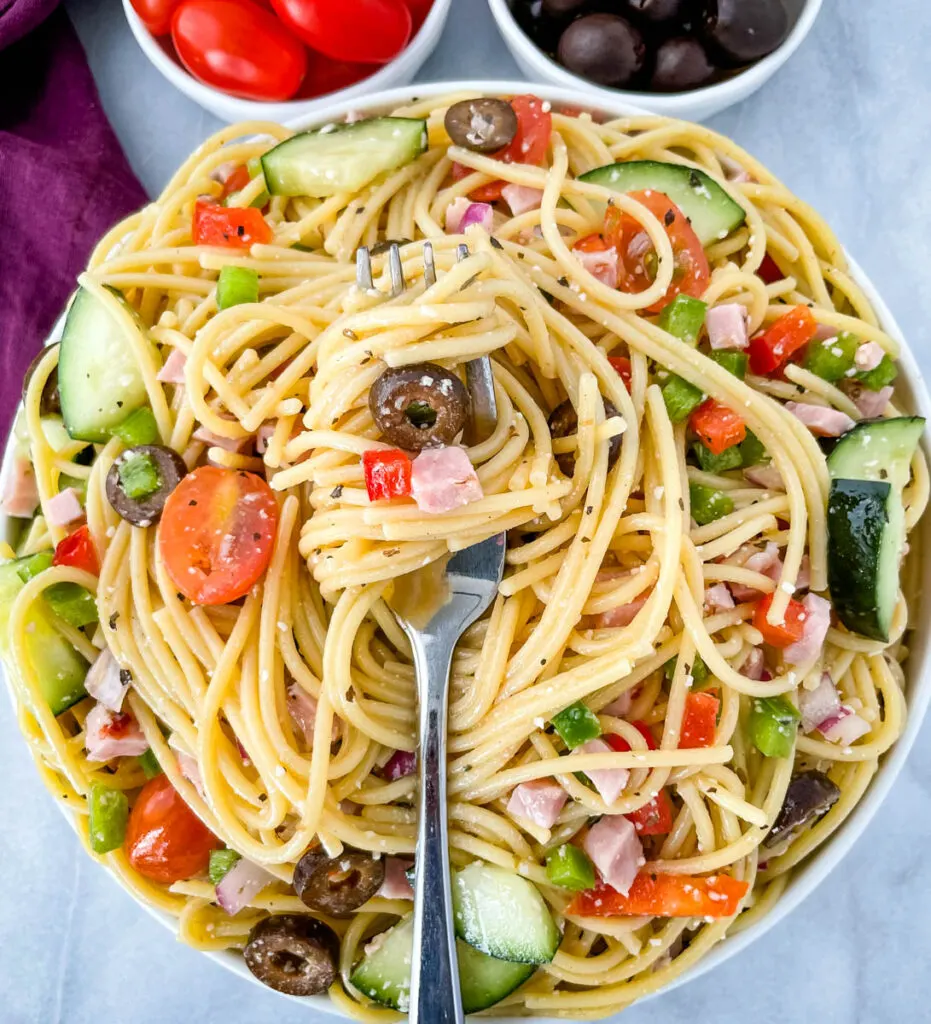 a forkful of spaghetti salad
