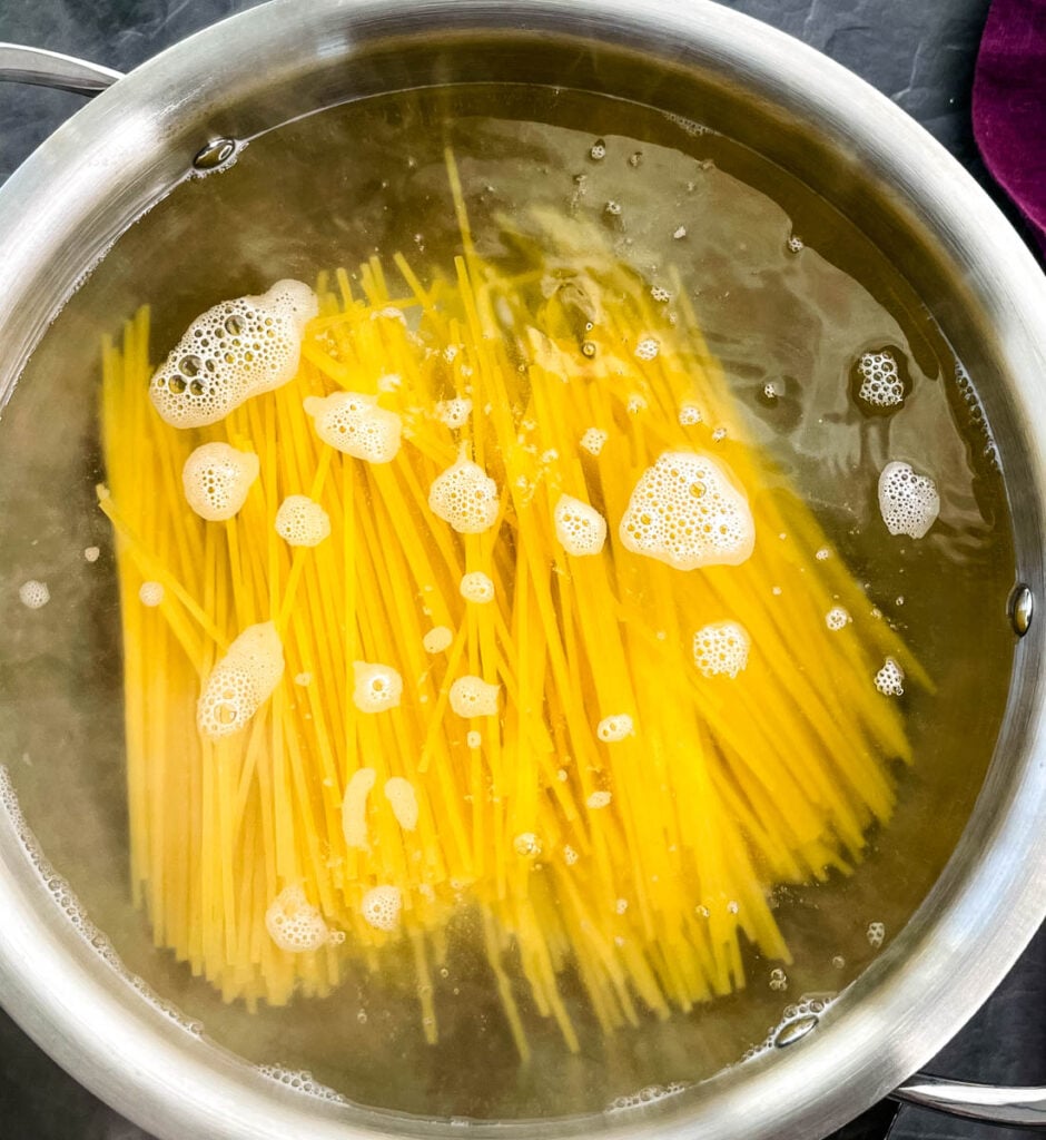spaghetti boiling in a pot