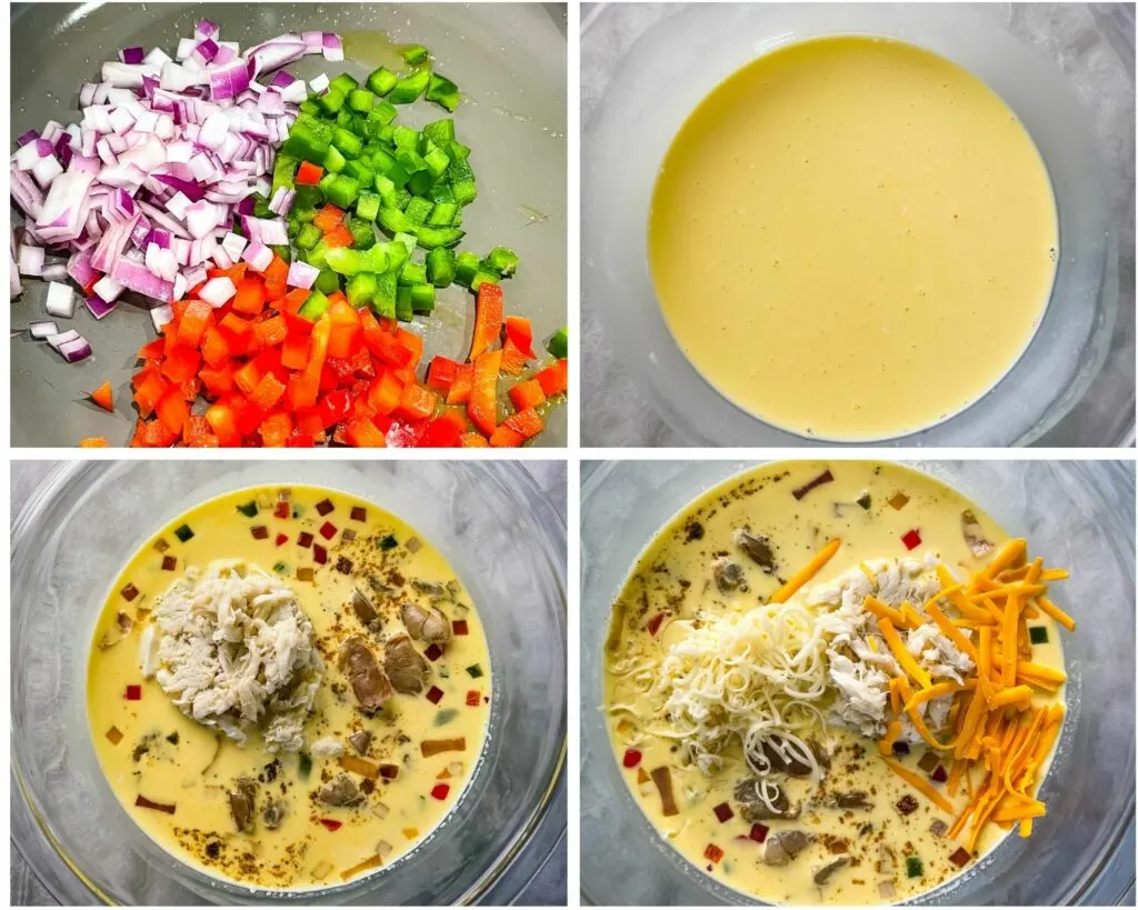 eggs, chopped veggies, shredded cheese, and crab in a glass bowl