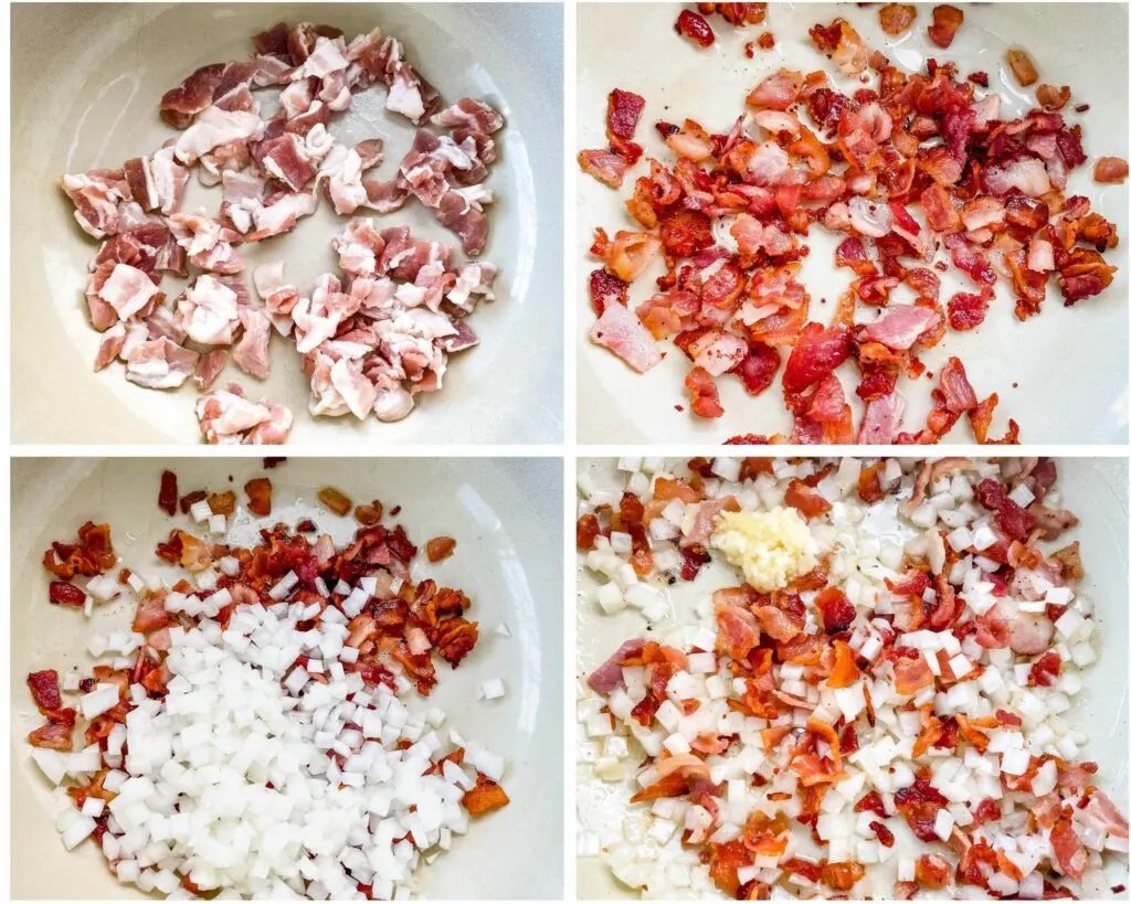 collage photo of 4 photos showing how to cook bacon and onions in a large pot