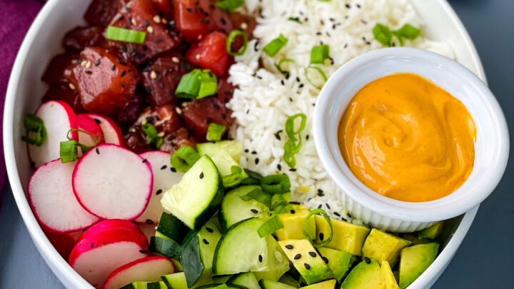 ahi tuna poke in a white bowl