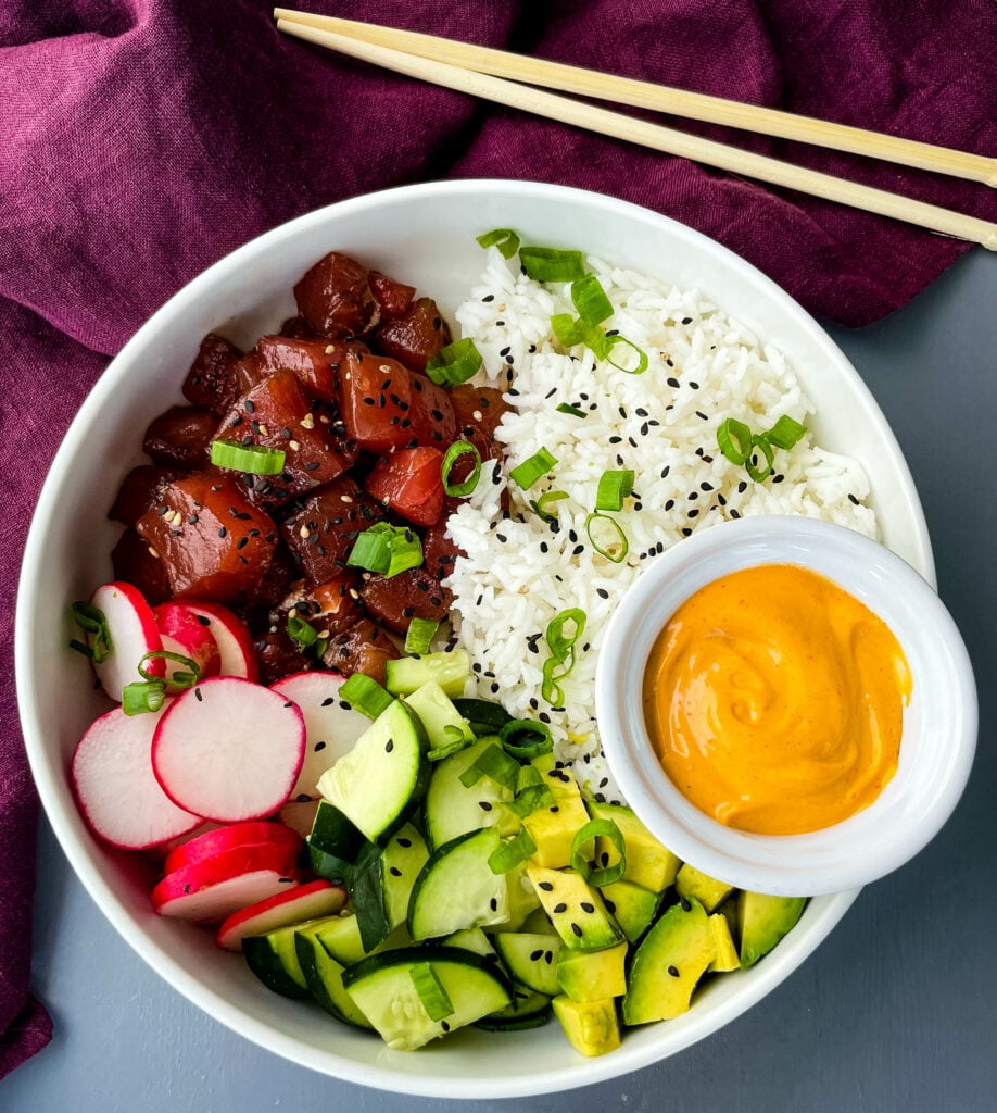 ahi tuna poke in a white bowl