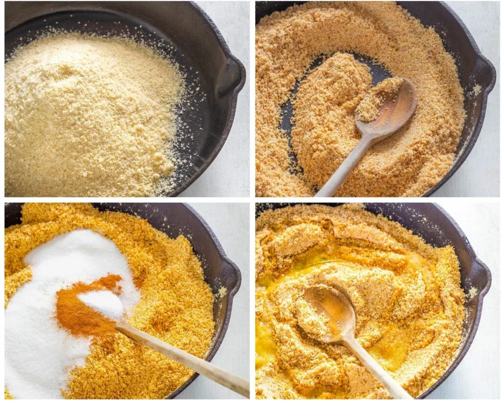 collage photo that shows how to make graham cracker crust in a cast iron skillet