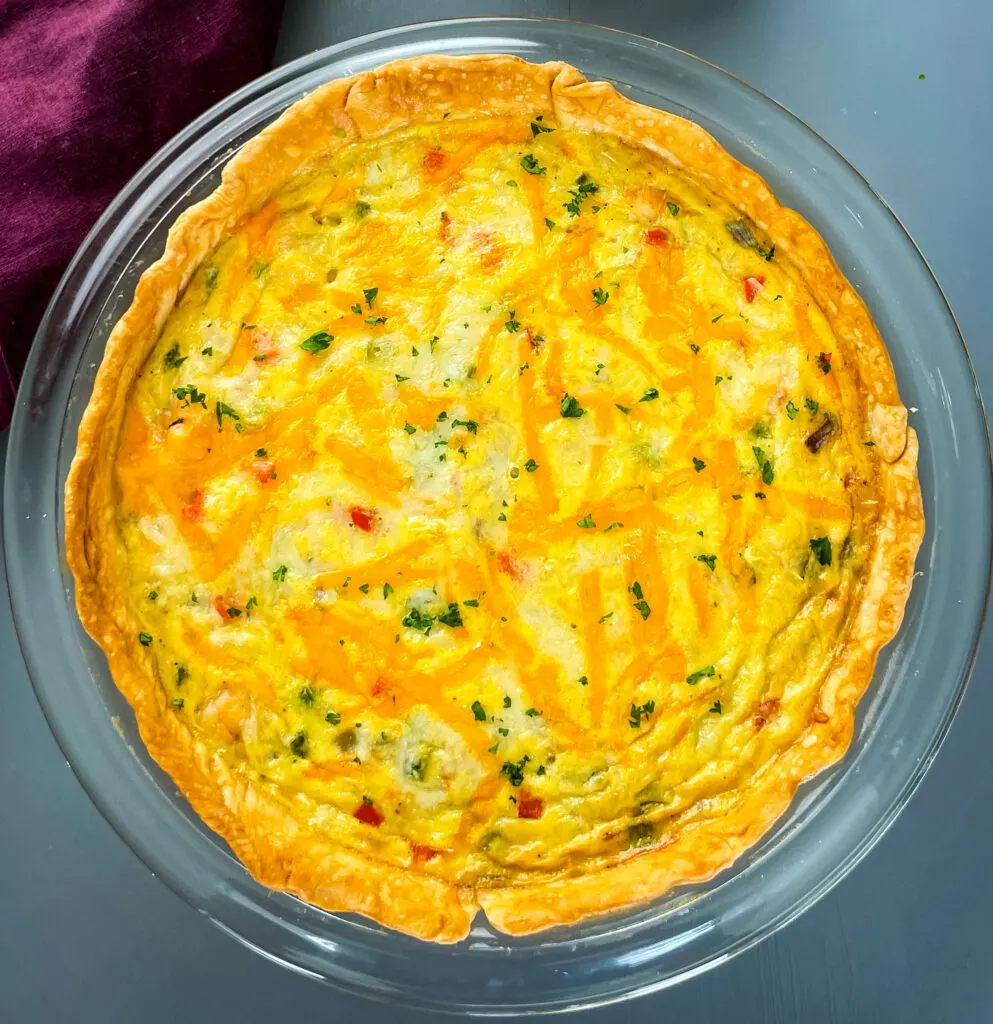 baked crab and seafood quiche in a pie plate