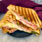 sliced ham and cheese panini sandwich on a plate