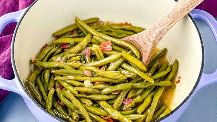 southern green beans in a purple Dutch oven