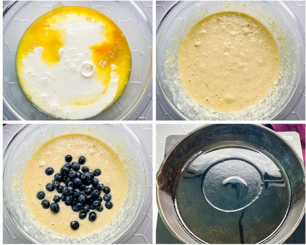 blueberry cornbread batter in a glass bowl