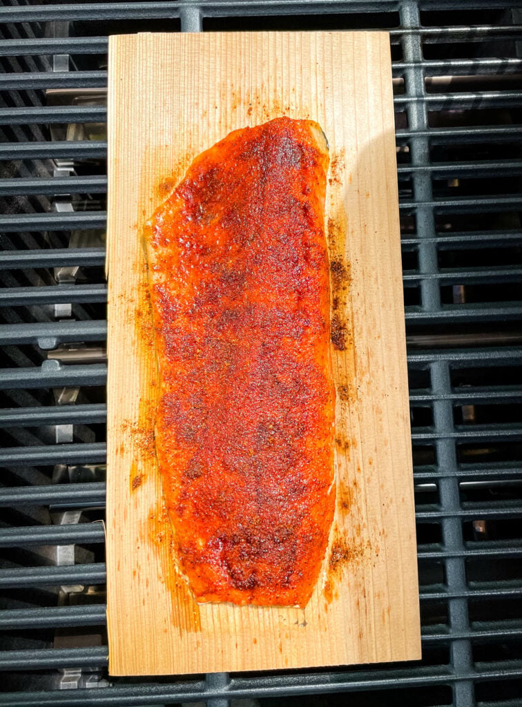 salmon on a cedar plank on a grill